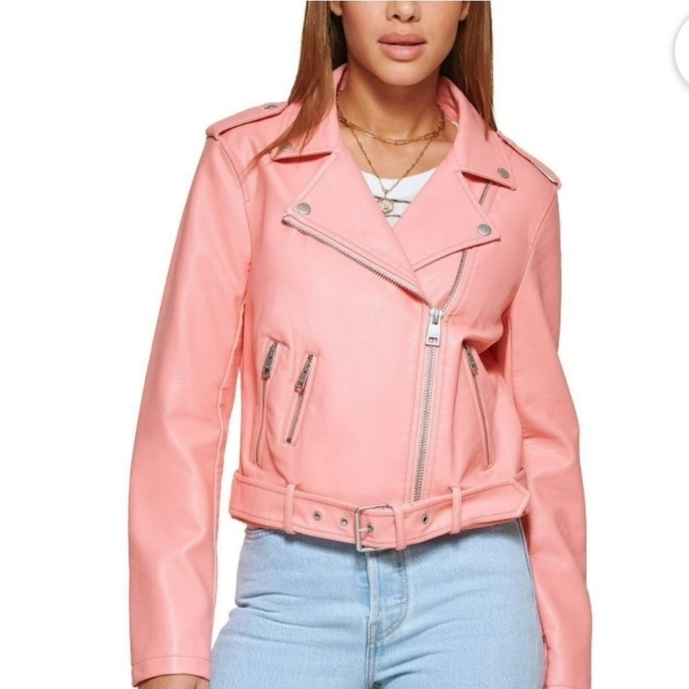 Levi's Pink Faux Leather Moto Jacket Sz L NWT $120